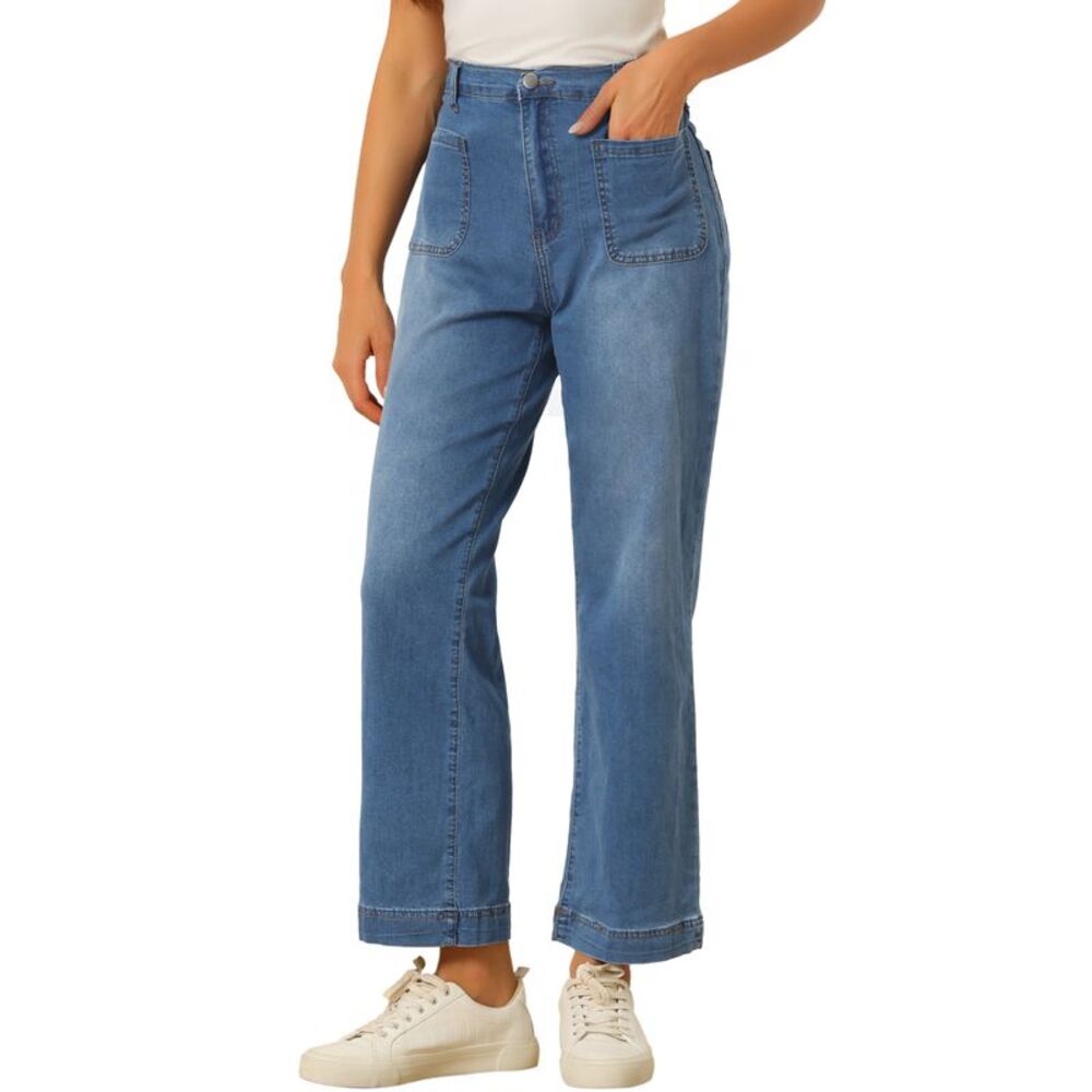 High Waisted Straight Leg Jeans Buttoned Loose Denim Pants Blue